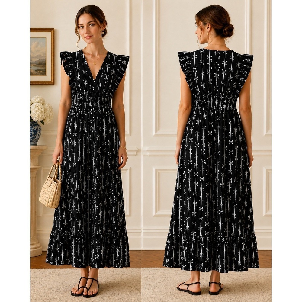 STS Sail to Sable Black White Bow Print Flutter Sleeve Maxi Dress Resort NWT S